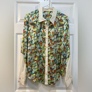 Rebecca Minkoff Silk Cut Out Blouse Micro Floral Pearl Snap Button Women Sz 12